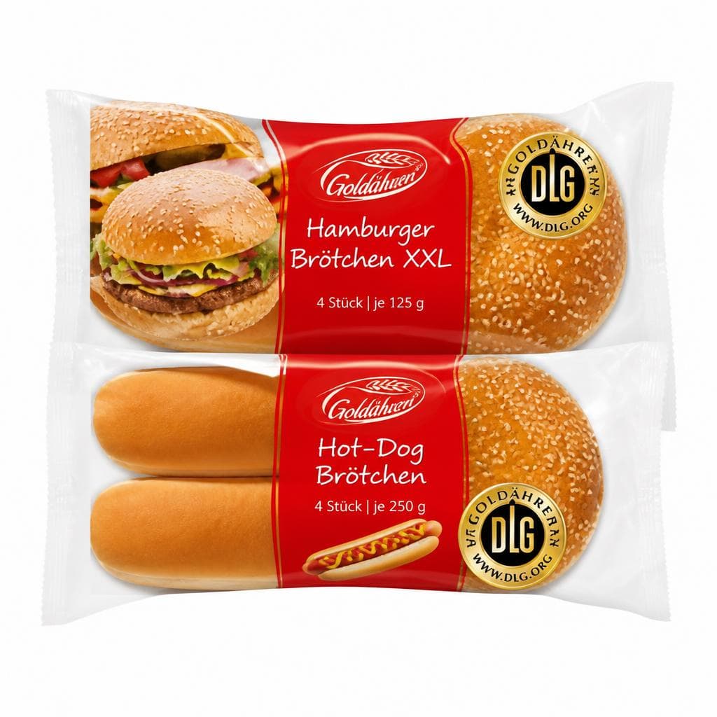 Hamburger Brötchen XXL oder Hot-Dog Brötchen, 4 Stück, je 300 g / 250 g Goldhahn – Norma