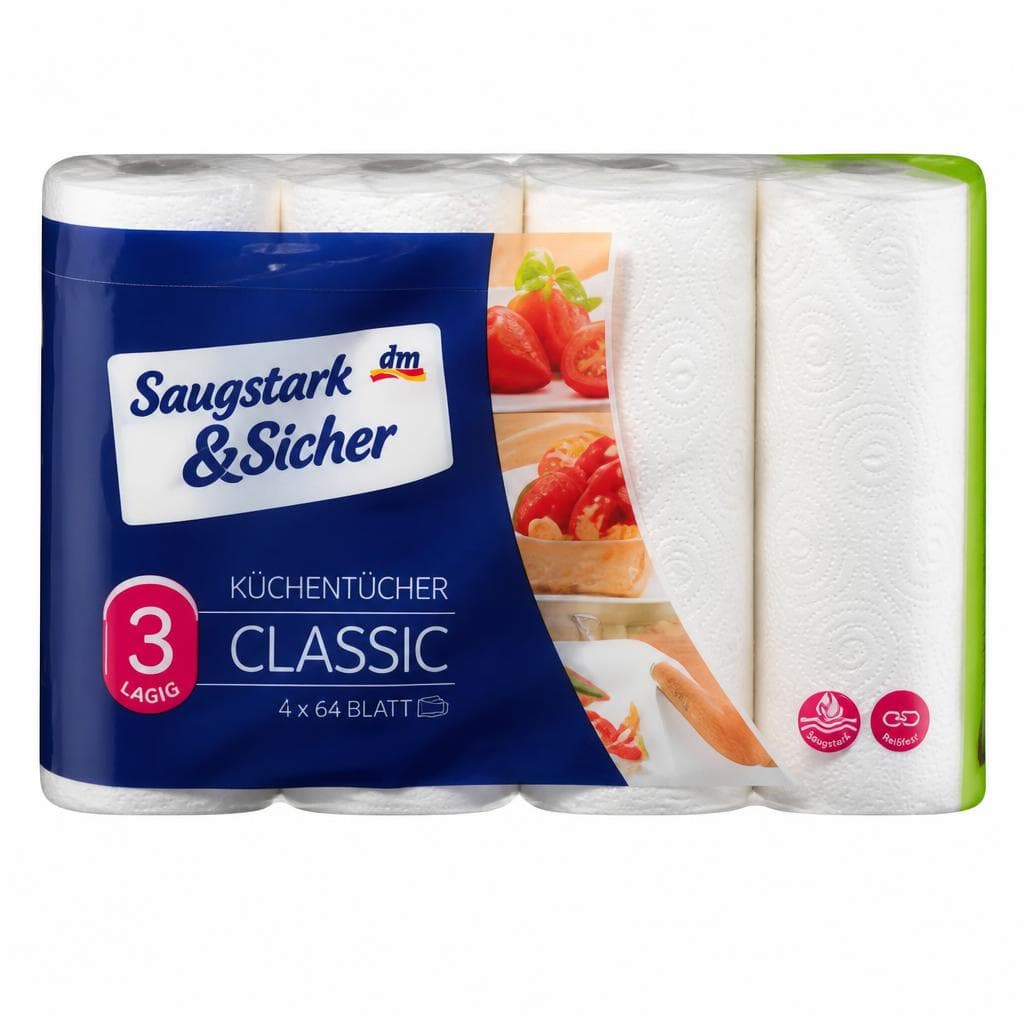 Saugstark & Sicher Classic Küchentücher 3-lagig, 4 x 64 Bl. – Dm