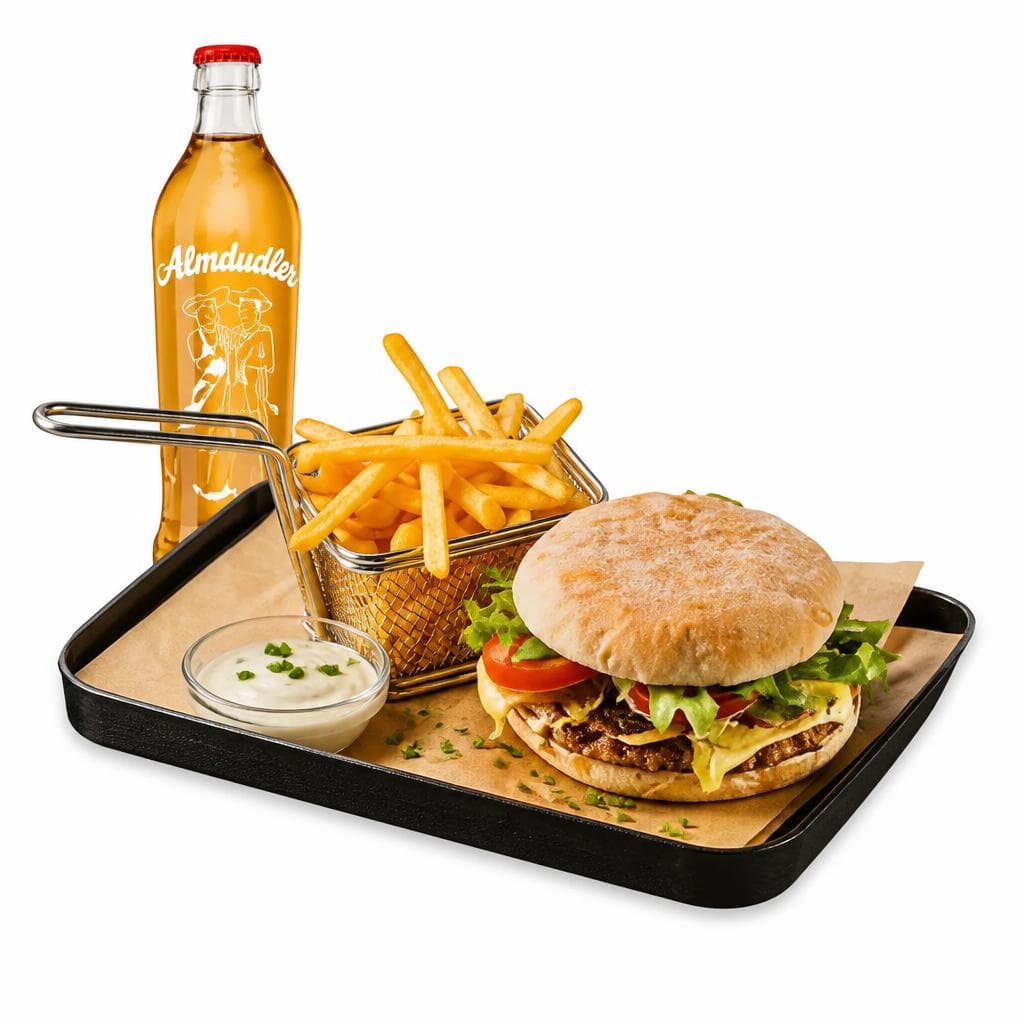 Wiesen-Alm Burger mit Pommes frites, Dipsauce & Almdudler, 0,35 Liter – Billa Plus