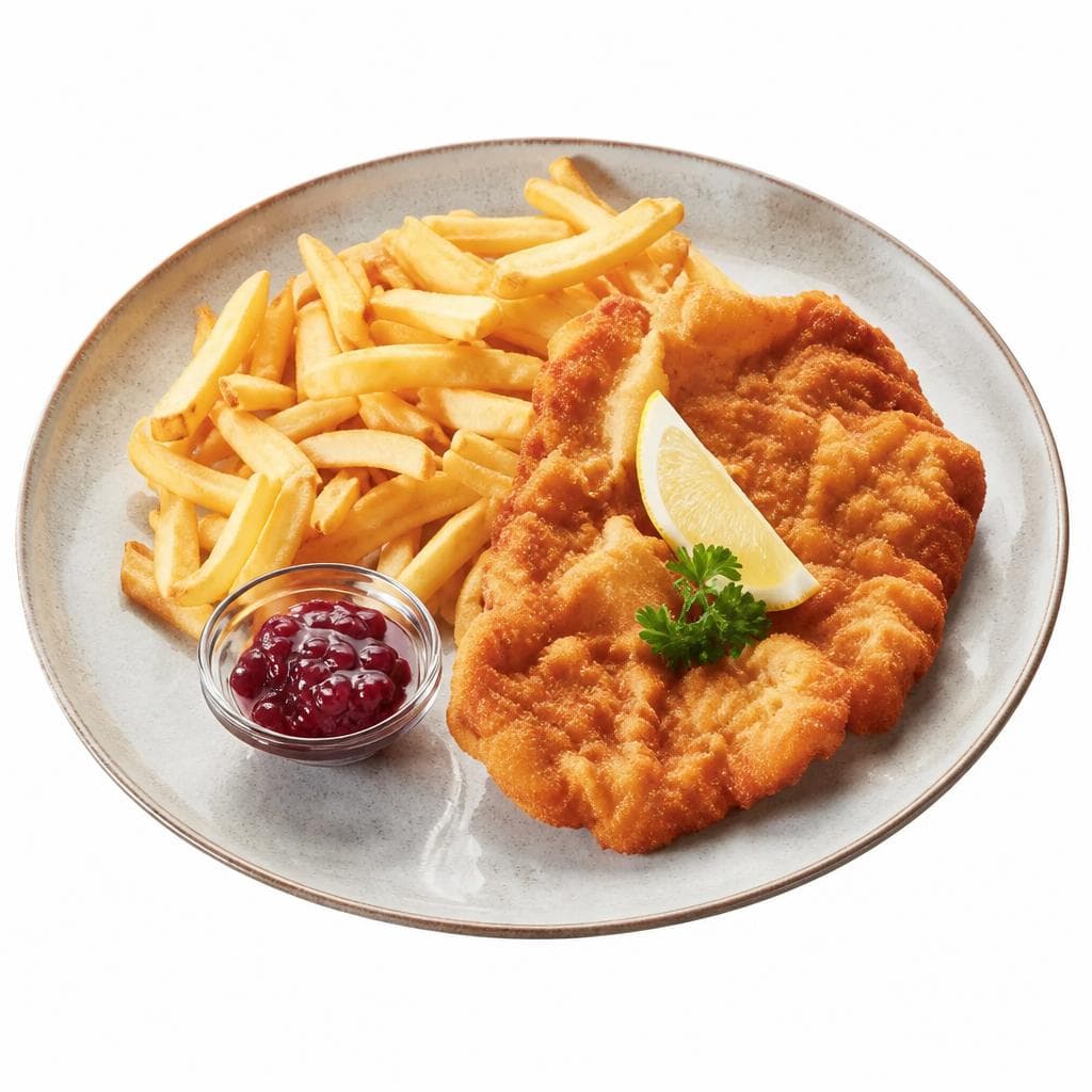 Wiener Schnitzel von der Pute mit Pommes und Preiselbeeren Angebot bei Maximarkt