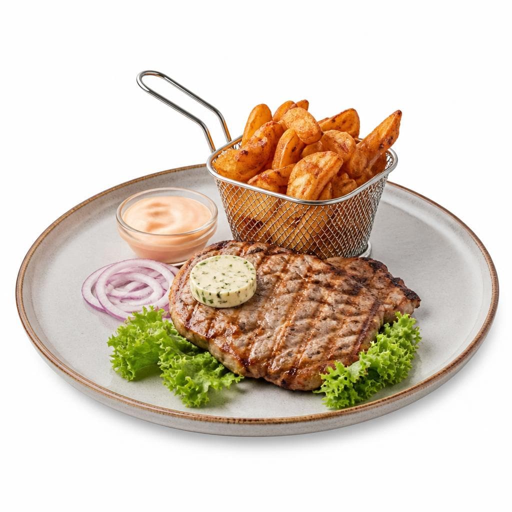Steaktoast vom Schweinerücken mit Kräuterbutter, Wedges und Cocktailsauce Angebot bei Interspar