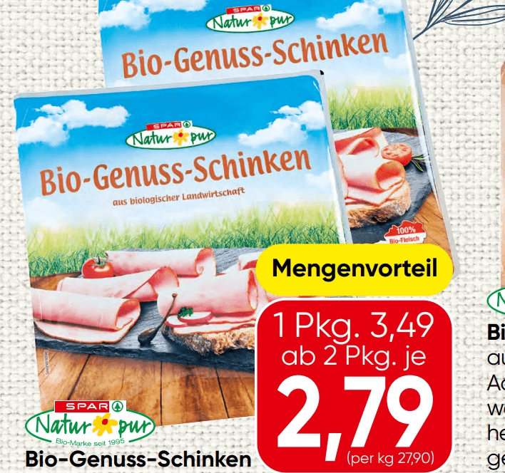 Bio-Genuss-Schinken geschnitten 100 g SPAR Natur pur Angebot bei Spar