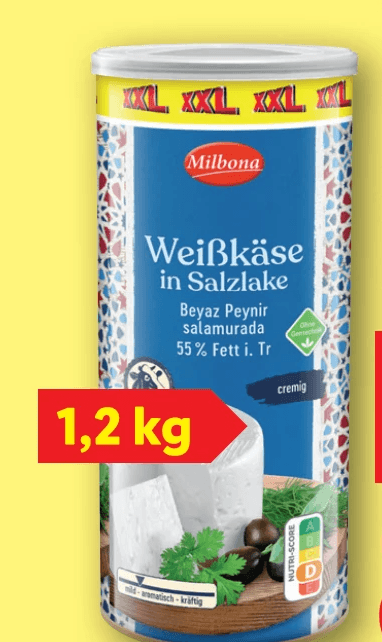 Milbona Weißkäse in Salzlake 1,2 kg + 200 g gratis Angebot bei Lidl