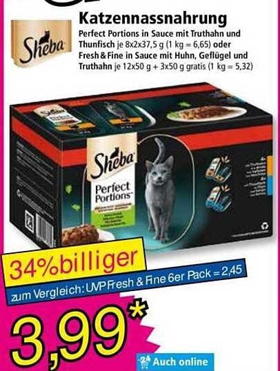 Katzennassnahrung Perfect Portions in Sauce 12x50 g + 3x50 g gratis Sheba Angebot bei Norma