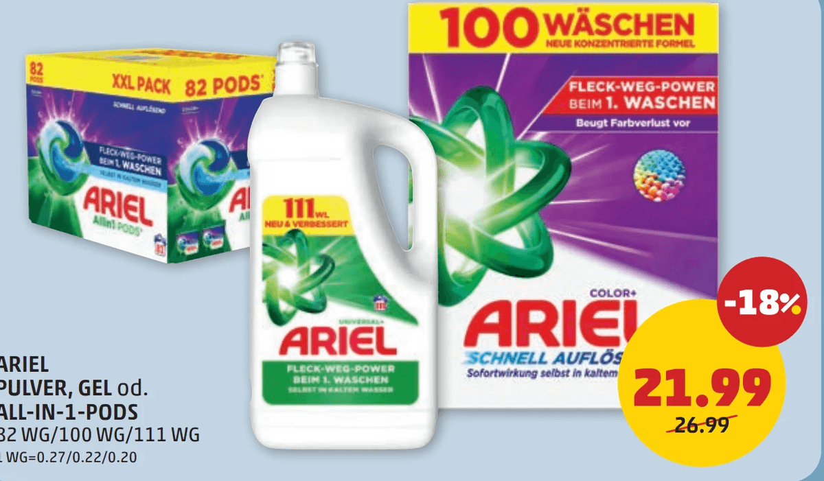 Ariel Pulver, Gel od. All-in-1-Pods 82 WG/100 WG/111 WG Angebot bei Penny