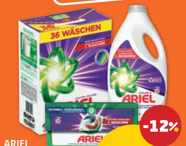 Ariel Pulver, All-in-1-Pods od. Flüssig Color 30/36/40 WG Angebot bei Penny