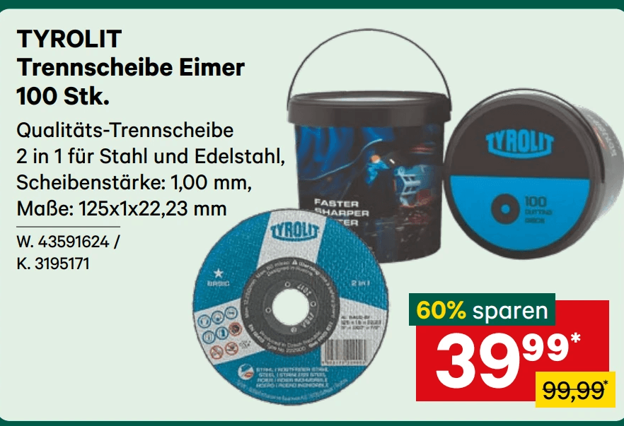 TYROLIT Trennscheibe Eimer 100 Stk. Angebot bei Lagerhaus