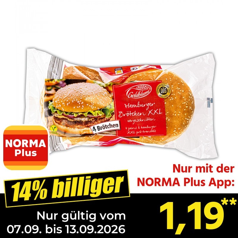 Hamburger Brötchen XXL 4 Stück, je 300 g / 4 Stück, je 250 g Goldblume Angebot bei Norma