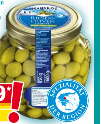 Griechische Riesen-Oliven 1,6 kg MEANDROS Angebot bei Norma