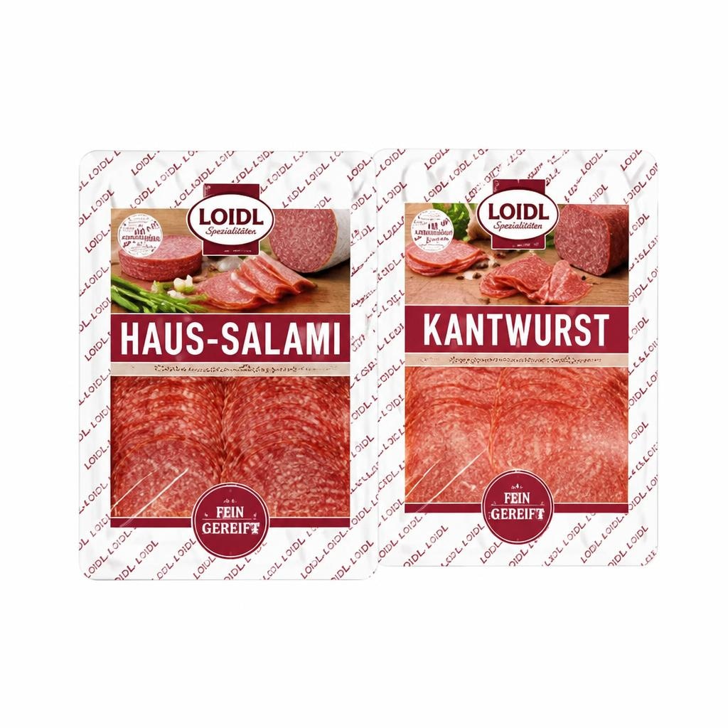 Loidl Kantwurst, Putensalami, Haussalami, Salami Knoblauch, Pfefferblock, Breakfast Bacon, Putenkantwurst, Käsewurst mit Pfeffer oder Bergsalami 75 g Angebot bei Interspar