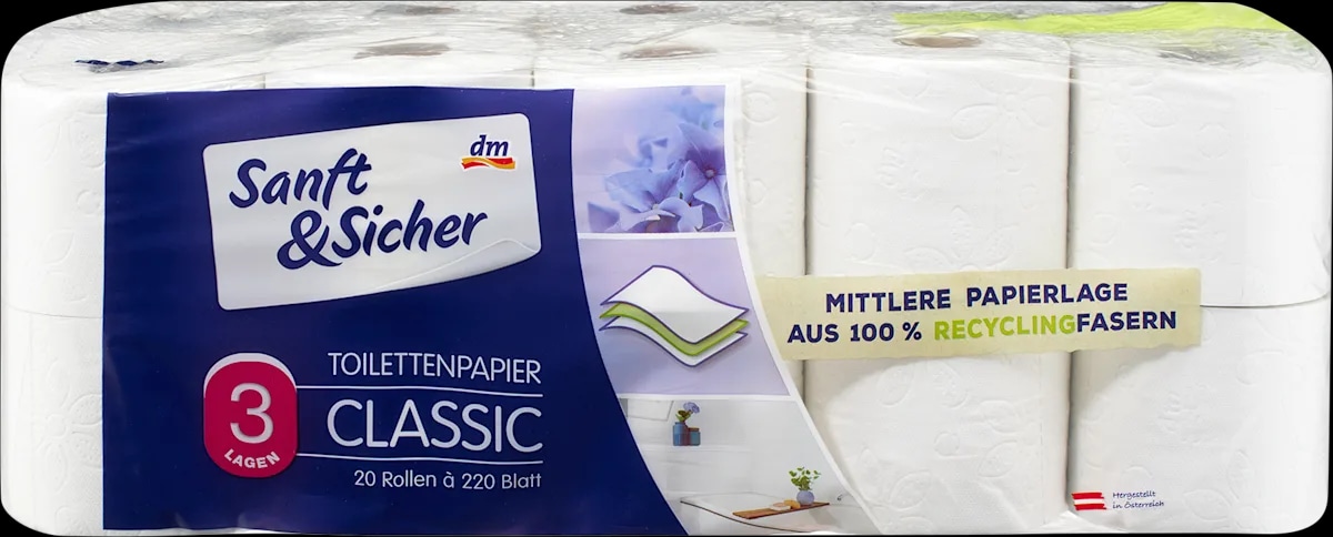 Sanft & Sicher Classic Toilettenpapier 3-lagig Mega Roll 20 × 220 Bl. Angebot bei Dm