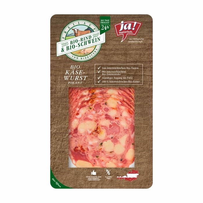Ja! Natürlich Bio-Käsewurst Pikant vom Bio-Strohschwein, 80 g Packung – Billa Plus