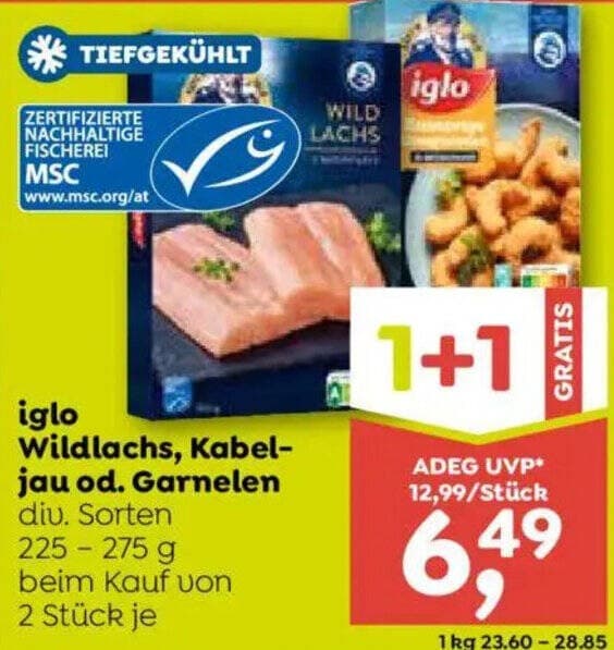 Wildlachs, Kabeljau od. Garnelen, 225-275 g Iglo – Adeg
