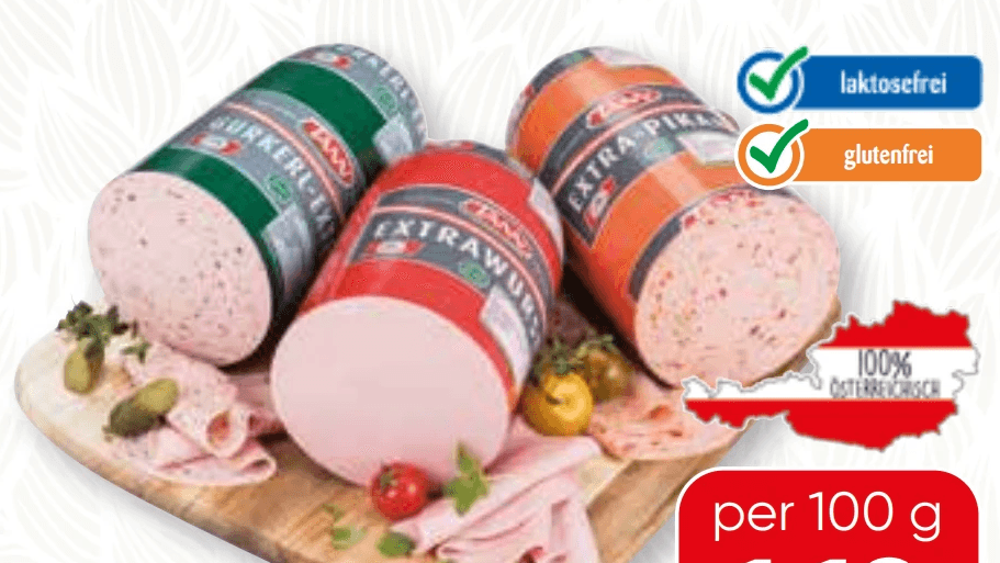 TANN Extrawurst, Pikant, Putenextra, Putenpikant, Chili oder Gurkerl, per 100 g – Spar