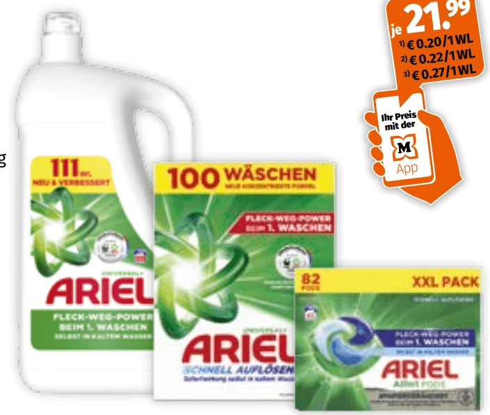 Ariel Waschmittel, 111 WL, 100 WL oder 82 WL – Müller