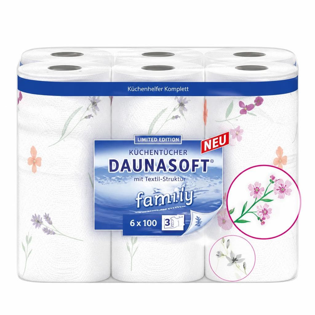 Küchentücher mit Motiv „Blumen" 3-lagig 6x100 Blatt DAUNASOFT Angebot bei Norma