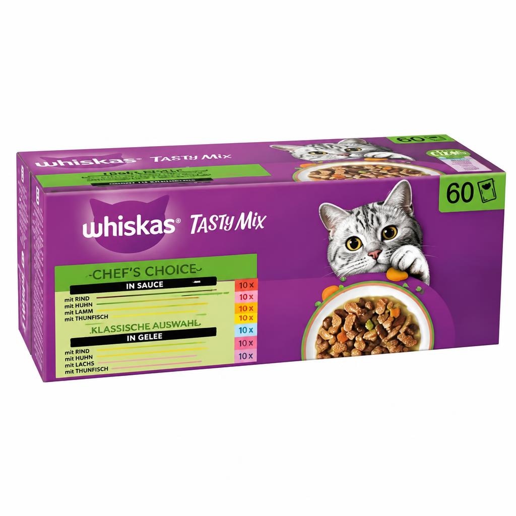 Katzennassnahrung Tasty Mix Chef's Choice in Sauce oder Klassische Auswahl in Gelee 60x85 g Whiskas Angebot bei Norma